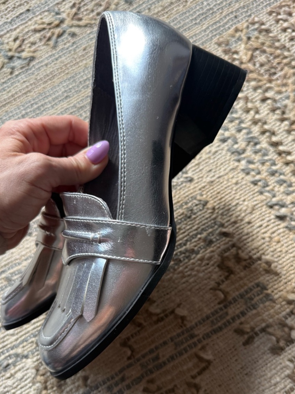 Metallic Silver Fringe Penny Loafer heels - Picture 7 of 8
